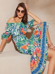 Lipsy Green Tropical Print Bardot Tiered Midi Holiday Dress - Image 3 of 4