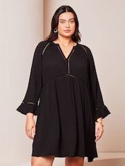 Lipsy Black Curve Long Sleeve V Neck Crinkle Smock Summer Mini Dress - Image 1 of 4