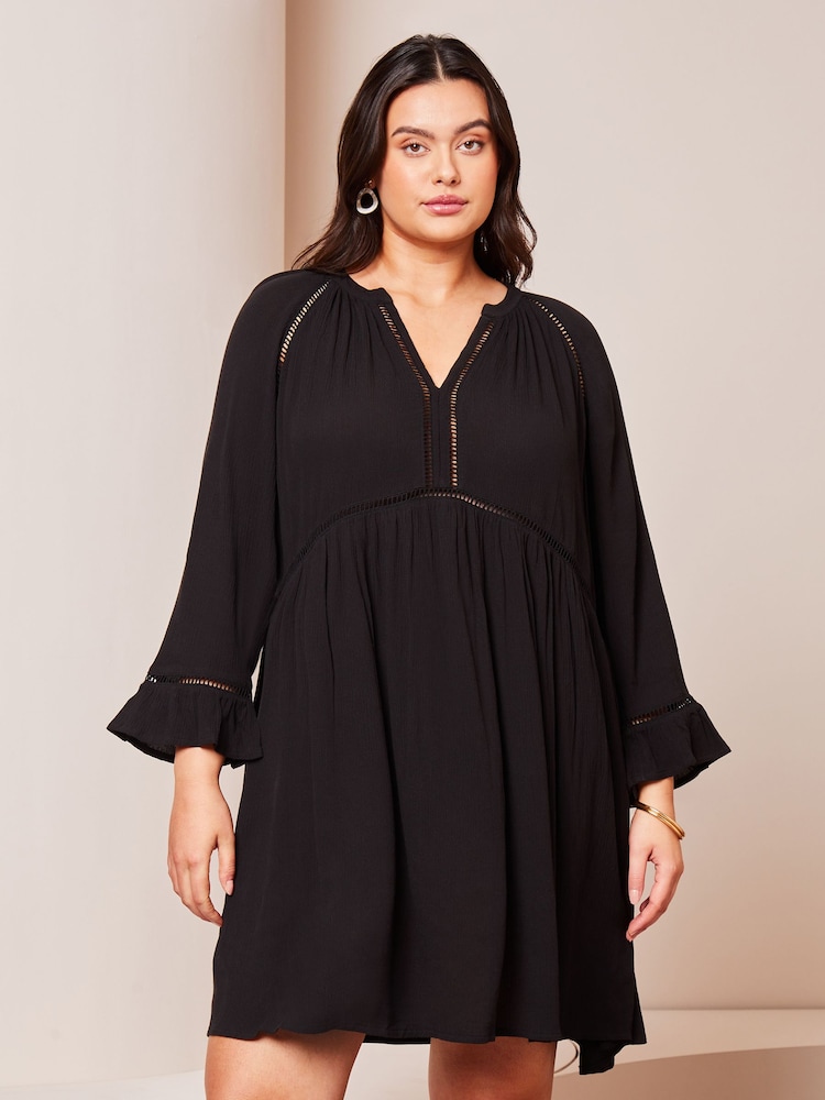 Lipsy Black Curve Long Sleeve V Neck Crinkle Smock Summer Mini Dress - Image 1 of 4