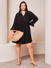Lipsy Black Curve Long Sleeve V Neck Crinkle Smock Summer Mini Dress - Image 3 of 4