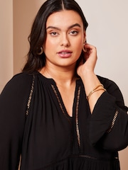 Lipsy Black Curve Long Sleeve V Neck Crinkle Smock Summer Mini Dress - Image 4 of 4