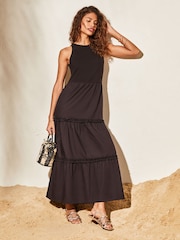 Lipsy Black Halter Sleeveless Hybrid Mix Tiered Maxi Dress - Image 1 of 4