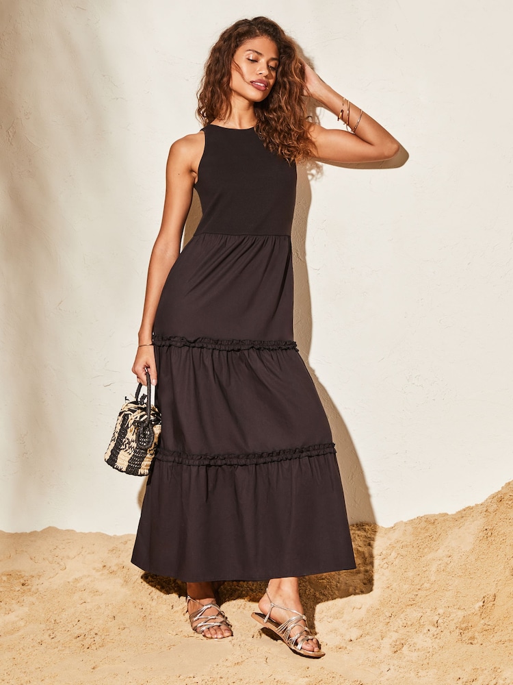 Lipsy Black Halter Sleeveless Hybrid Mix Tiered Maxi Dress - Image 1 of 4