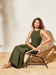 Lipsy Khaki Halter Sleeveless Hybrid Mix Tiered Maxi Dress - Image 1 of 4