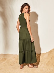 Lipsy Khaki Halter Sleeveless Hybrid Mix Tiered Maxi Dress - Image 2 of 4