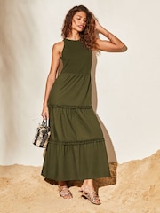 Lipsy Khaki Halter Sleeveless Hybrid Mix Tiered Maxi Dress - Image 3 of 4