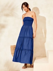 Lipsy Blue Shirred Bandeau Strapless Hybrid Summer Maxi Dress - Image 1 of 3
