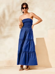 Lipsy Blue Shirred Bandeau Strapless Hybrid Summer Maxi Dress - Image 2 of 3