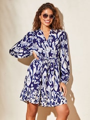 Lipsy Blue Printed Mini Smock Summer Shirt Dress - Image 1 of 4