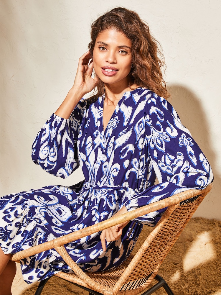 Lipsy Blue Printed Mini Smock Summer Shirt Dress - Image 4 of 4