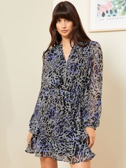 Love & Roses Grey Animal Printed Long Sleeve Zip Detail Belted Mini Dress - Image 1 of 4