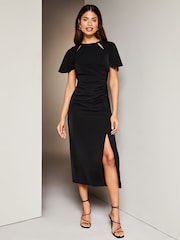 Lipsy Black Ruched Button Front Sleeved Midi Dress - Image 1 of 4