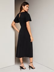Lipsy Black Ruched Button Front Sleeved Midi Dress - Image 2 of 4