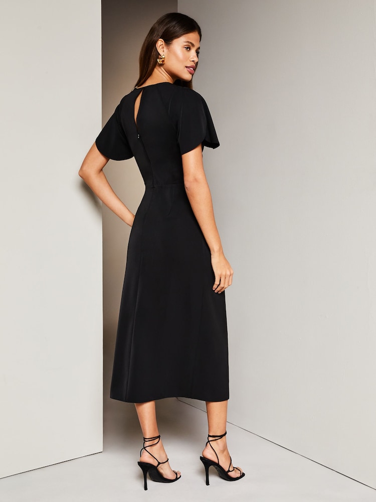Lipsy Black Ruched Button Front Sleeved Midi Dress - Image 2 of 4