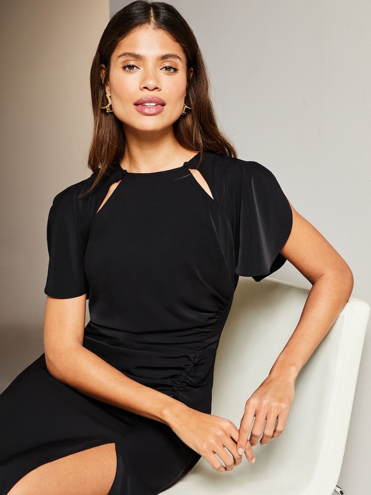 Lipsy Black Ruched Button Front Sleeved Midi Dress - Image 4 of 4 Lipsy Black Ruched Button Front Sleeved Midi Dress - Image 4 of 4