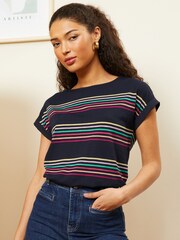 Love & Roses Rainbow Navy Blue Stripe Crew Neck Woven Trim Jersey T-Shirt - Image 1 of 4