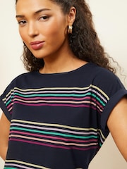 Love & Roses Rainbow Navy Blue Stripe Crew Neck Woven Trim Jersey T-Shirt - Image 2 of 4