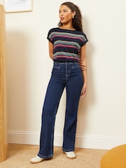 Love & Roses Rainbow Navy Blue Stripe Crew Neck Woven Trim Jersey T-Shirt - Image 4 of 4