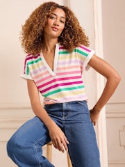 Love & Roses Ivory White Rainbow Stripe Jersey V Neck Woven Trim Short Sleeve T-Shirt - Image 1 of 4
