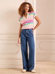 Love & Roses Ivory White Rainbow Stripe Jersey V Neck Woven Trim Short Sleeve T-Shirt - Image 3 of 4
