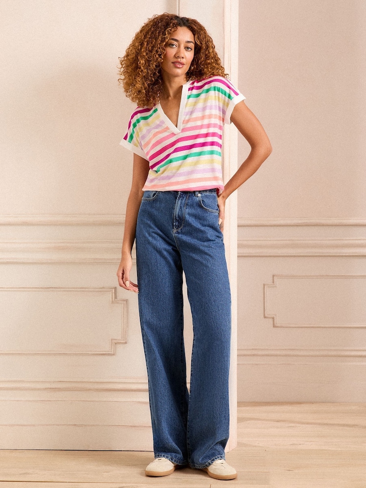 Love & Roses Ivory White Rainbow Stripe Jersey V Neck Woven Trim Short Sleeve T-Shirt - Image 3 of 4