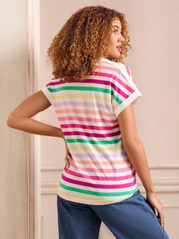 Love & Roses Ivory White Rainbow Stripe Jersey V Neck Woven Trim Short Sleeve T-Shirt - Image 4 of 4