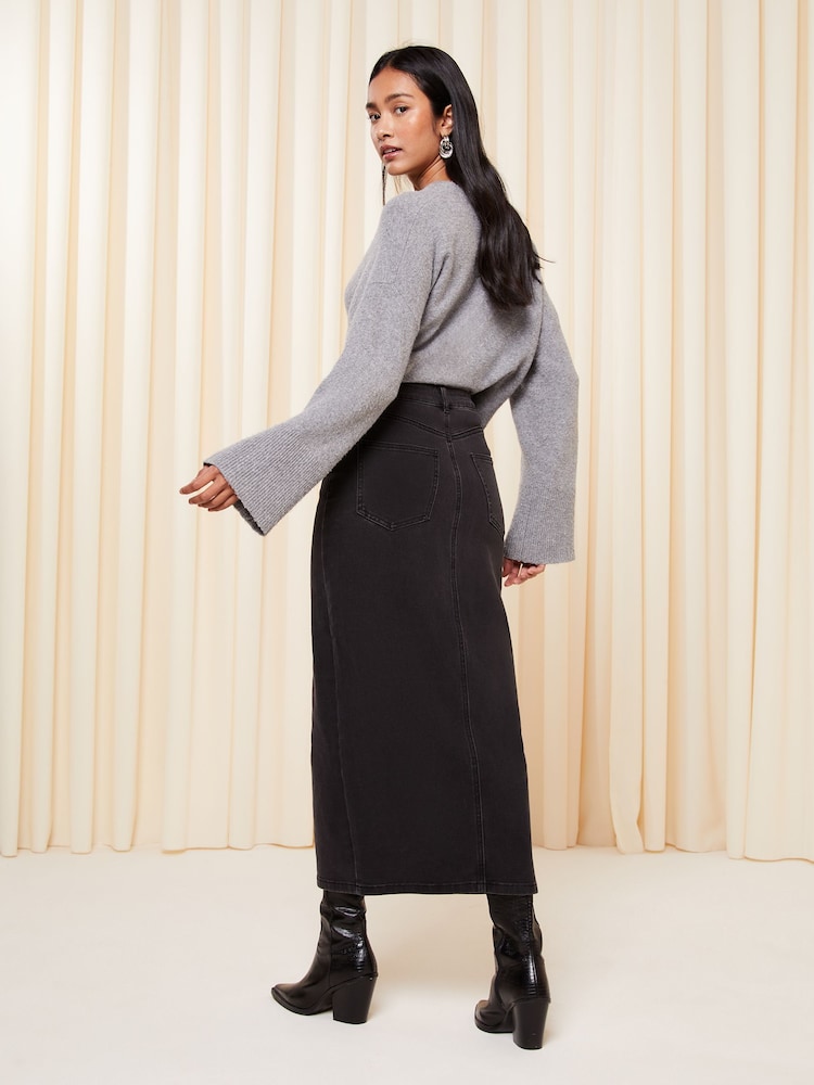 Friends Like These Black Denim Split Front Midaxi Skirt - Image 2 of 4 Friends Like These Black Denim Split Front Midaxi Skirt - Image 2 of 4