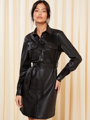 Friends Like These Black Faux Leather Mini Tie Waist Shirt Dress - Image 1 of 4