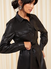 Friends Like These Black Faux Leather Mini Tie Waist Shirt Dress - Image 2 of 4