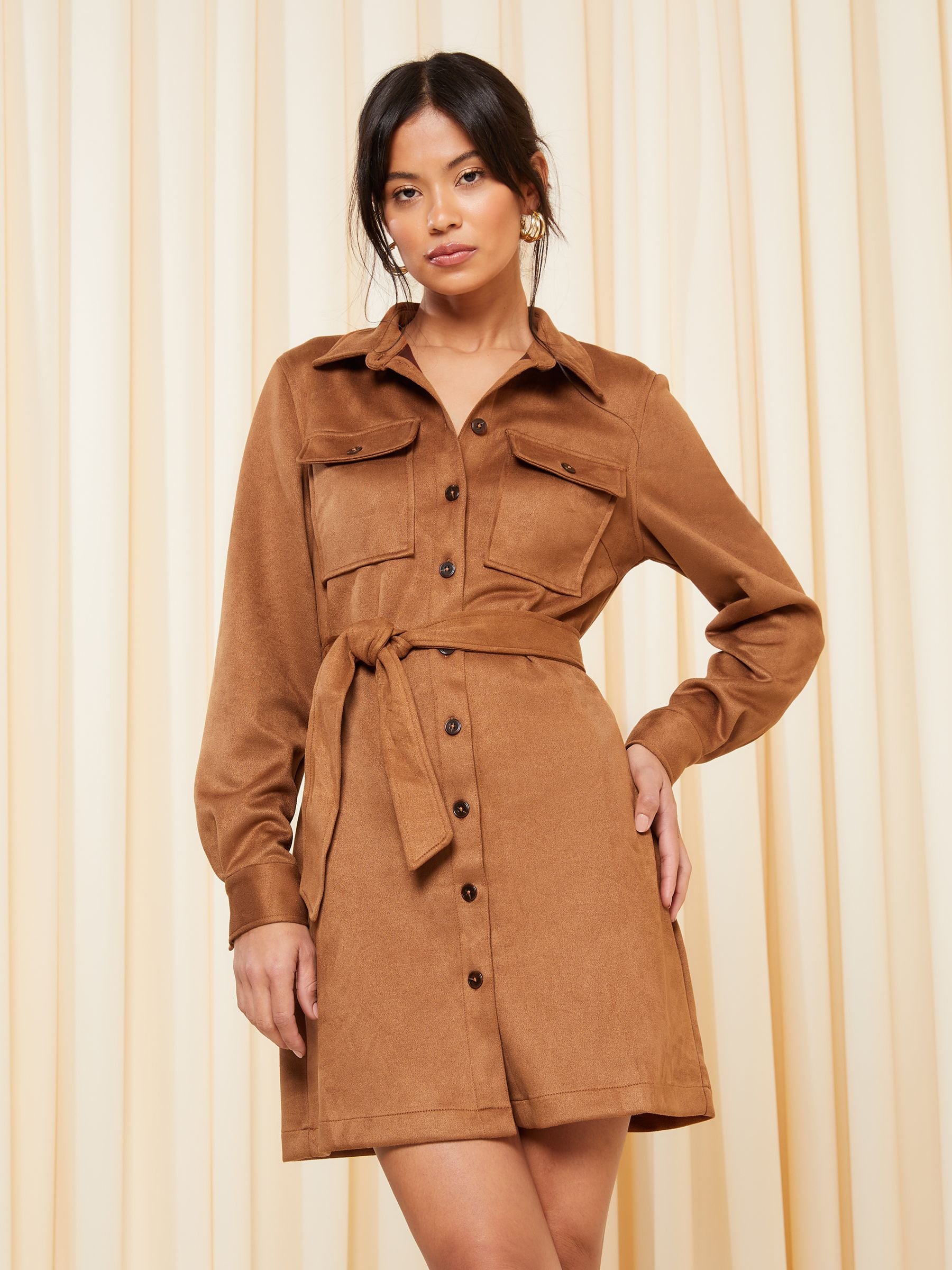 Camel utility tie waist shirt dress discount