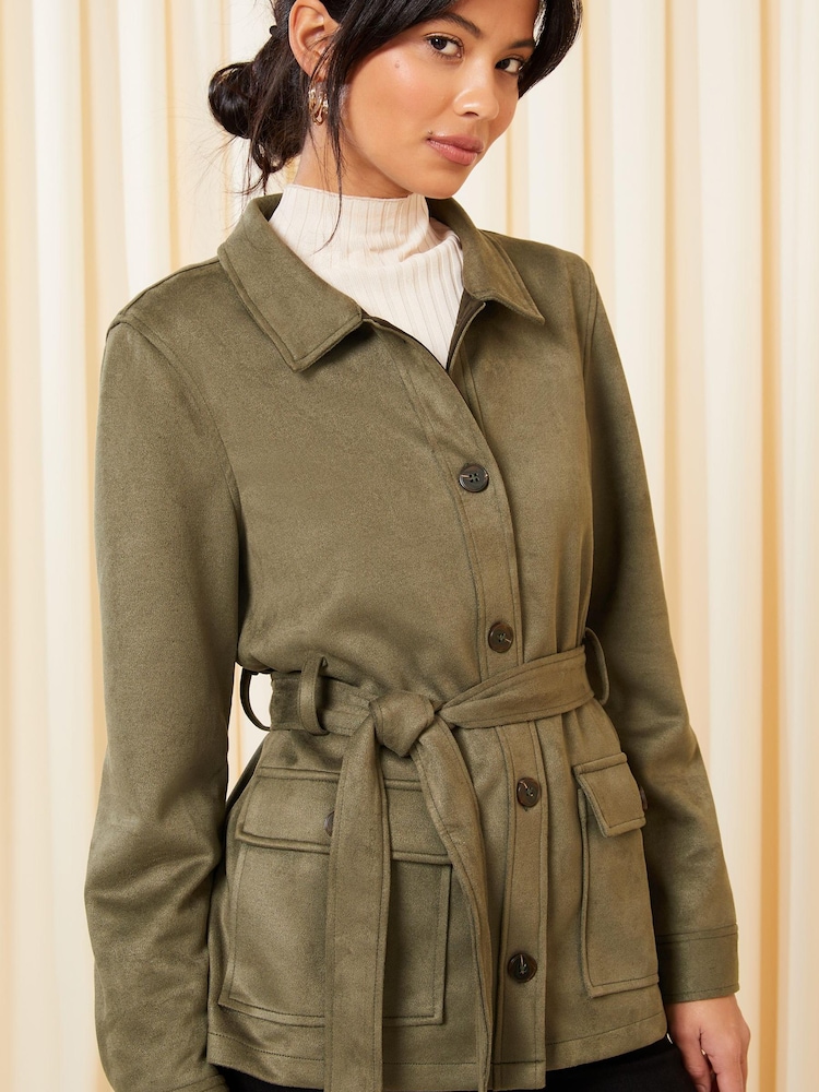 Friends Like These Khaki Green Faux Suede Belted Shirt Jacket - Image 1 of 1