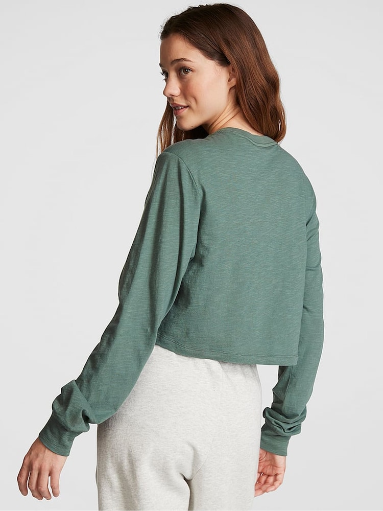 Victoria's Secret PINK Fresh Forest Green Cotton Slub Cropped Boxy Long Sleeve T-Shirt - Image 2 of 3
