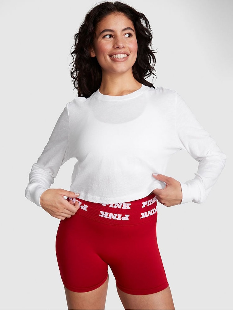 Victoria's Secret PINK Optic White Cotton Slub Cropped Boxy Long Sleeve T-Shirt - Image 1 of 3