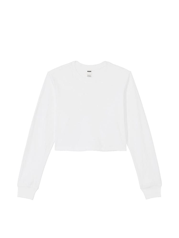 Victoria's Secret PINK Optic White Cotton Slub Cropped Boxy Long Sleeve T-Shirt - Image 3 of 3