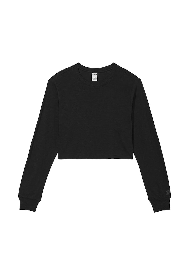 Victoria's Secret PINK Pure Black Cotton Slub Cropped Boxy Long Sleeve T-Shirt - Image 3 of 3 Victoria's Secret PINK Pure Black Cotton Slub Cropped Boxy Long Sleeve T-Shirt - Image 3 of 3