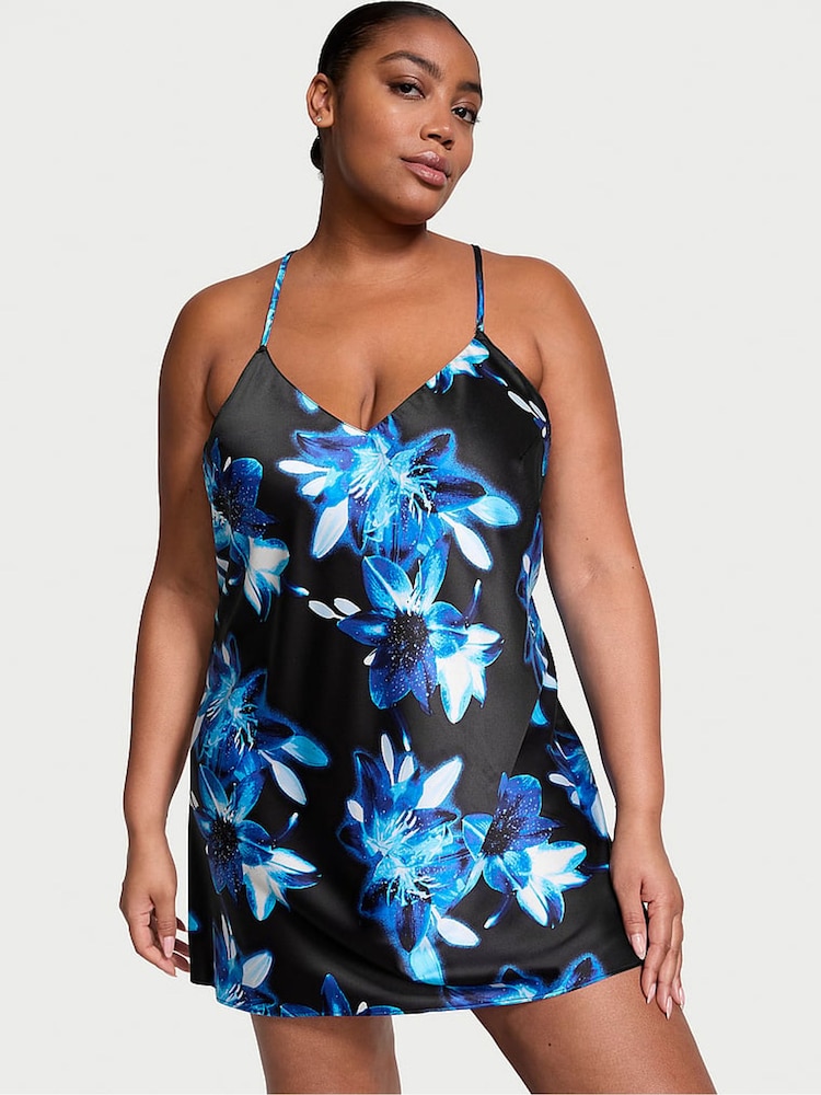 Victoria's Secret Dramatic Floral Black Satin Open Back Slip - Image 1 of 3