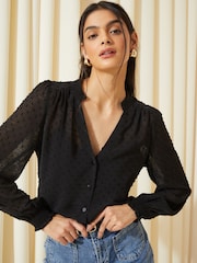 Friends Like These Black Long Sleeve Grandad Collar Dobby Blouse - Image 1 of 4