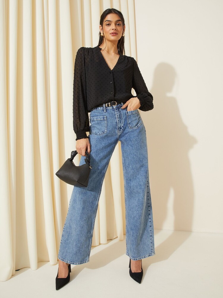 Friends Like These Black Long Sleeve Grandad Collar Dobby Blouse - Image 2 of 4