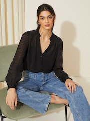 Friends Like These Black Long Sleeve Grandad Collar Dobby Blouse - Image 3 of 4