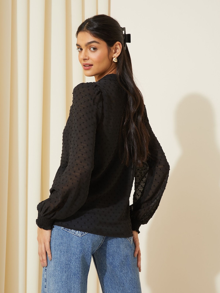Friends Like These Black Long Sleeve Grandad Collar Dobby Blouse - Image 4 of 4