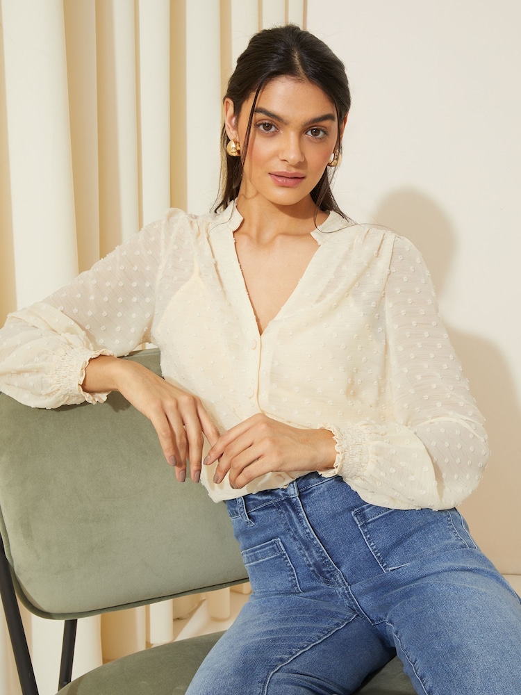 Friends Like These Cream Long Sleeve Grandad Collar Dobby Blouse - Image 1 of 4 Friends Like These Cream Long Sleeve Grandad Collar Dobby Blouse - Image 1 of 4