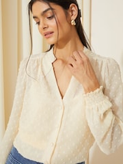 Friends Like These Cream Long Sleeve Grandad Collar Dobby Blouse - Image 3 of 4