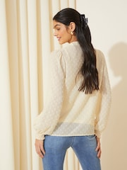 Friends Like These Cream Long Sleeve Grandad Collar Dobby Blouse - Image 4 of 4