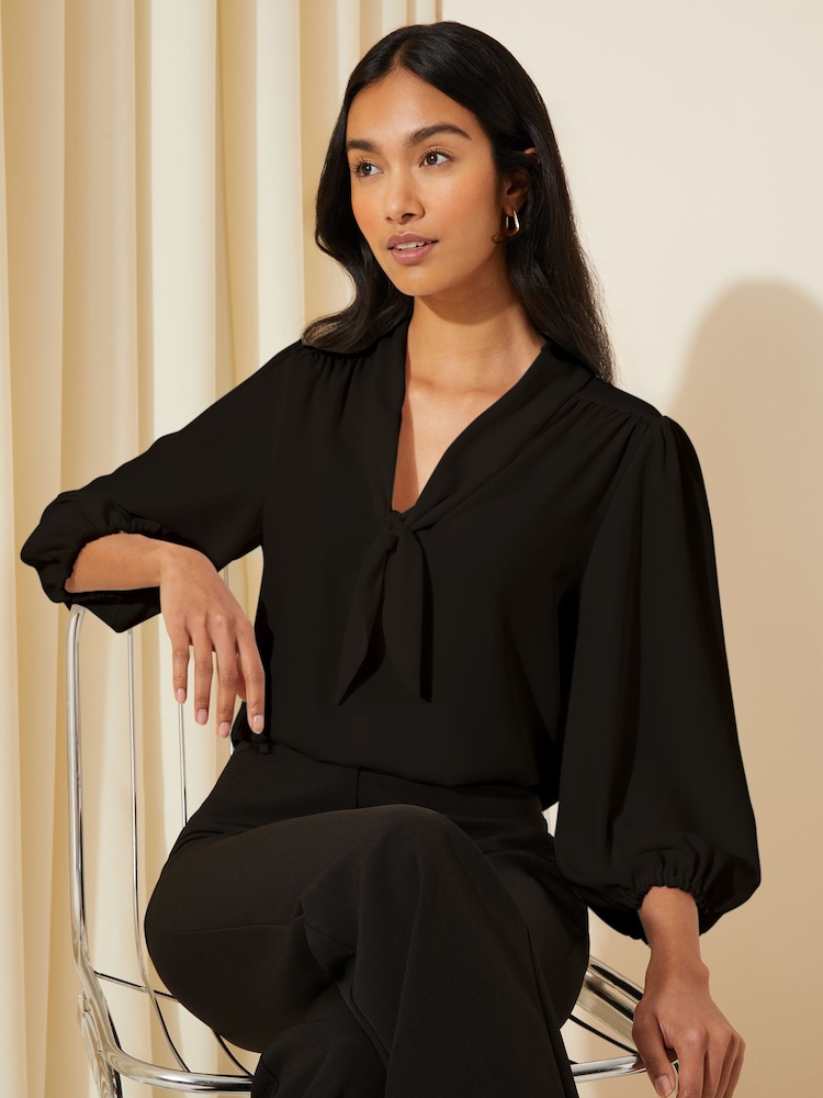 Friends Like These Black V Neck Bow Front 3/4 Sleeve Blouse - Image 1 of 4