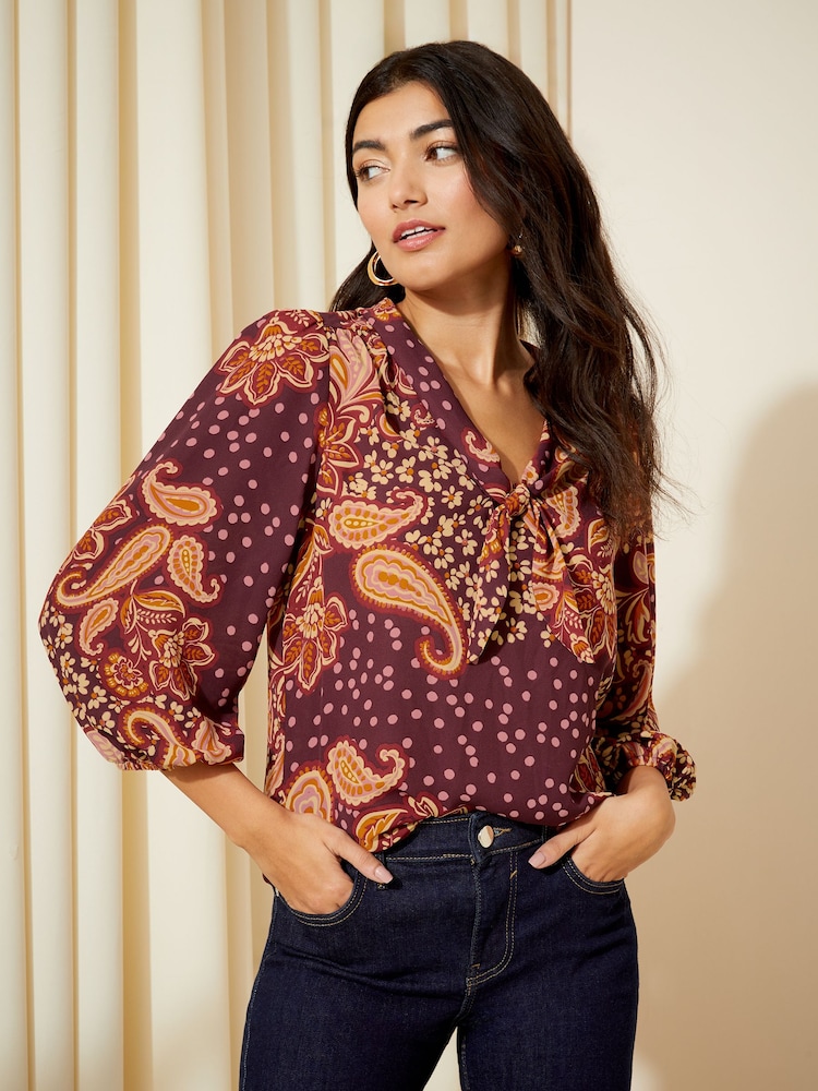 Friends Like These Pink Floral V Neck Bow Front 3/4 Sleeve Blouse - Image 1 of 4