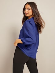 Friends Like These Blue Petite V Neck Bow Front 3/4 Sleeve Blouse - Image 2 of 4