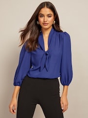 Friends Like These Blue Petite V Neck Bow Front 3/4 Sleeve Blouse - Image 3 of 4