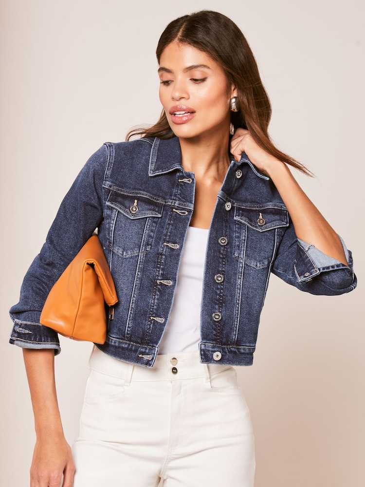 Lipsy Dark Blue Crop Denim Jacket - Image 1 of 4