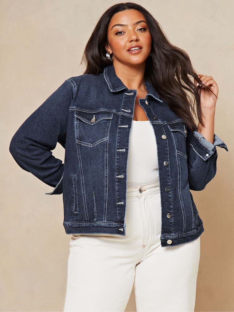 Lipsy Dark Blue Curve Classic Fitted Denim Jacket - Image 1 of 4 Lipsy Dark Blue Curve Classic Fitted Denim Jacket - Image 1 of 4