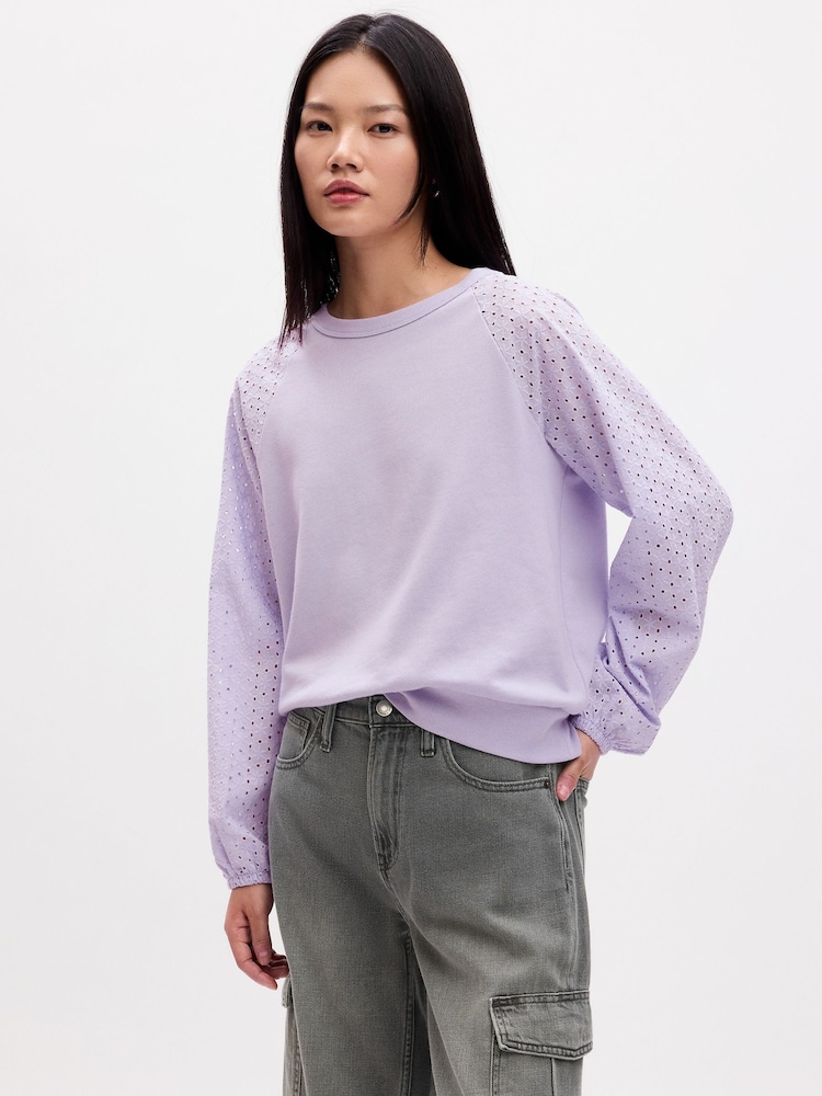 Gap Purple Relaxed Eyelet Crew Neck Long Sleeve Sweatshirt - Image 1 of 1 Gap Purple Relaxed Eyelet Crew Neck Long Sleeve Sweatshirt - Image 1 of 1